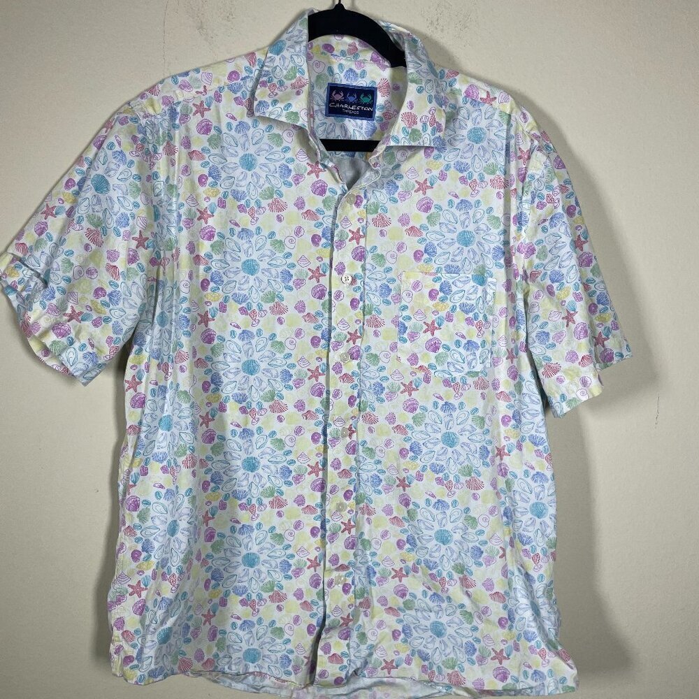 Charleston Threads Men's SS Shell Print White Button-up Cotton Shirt XL!